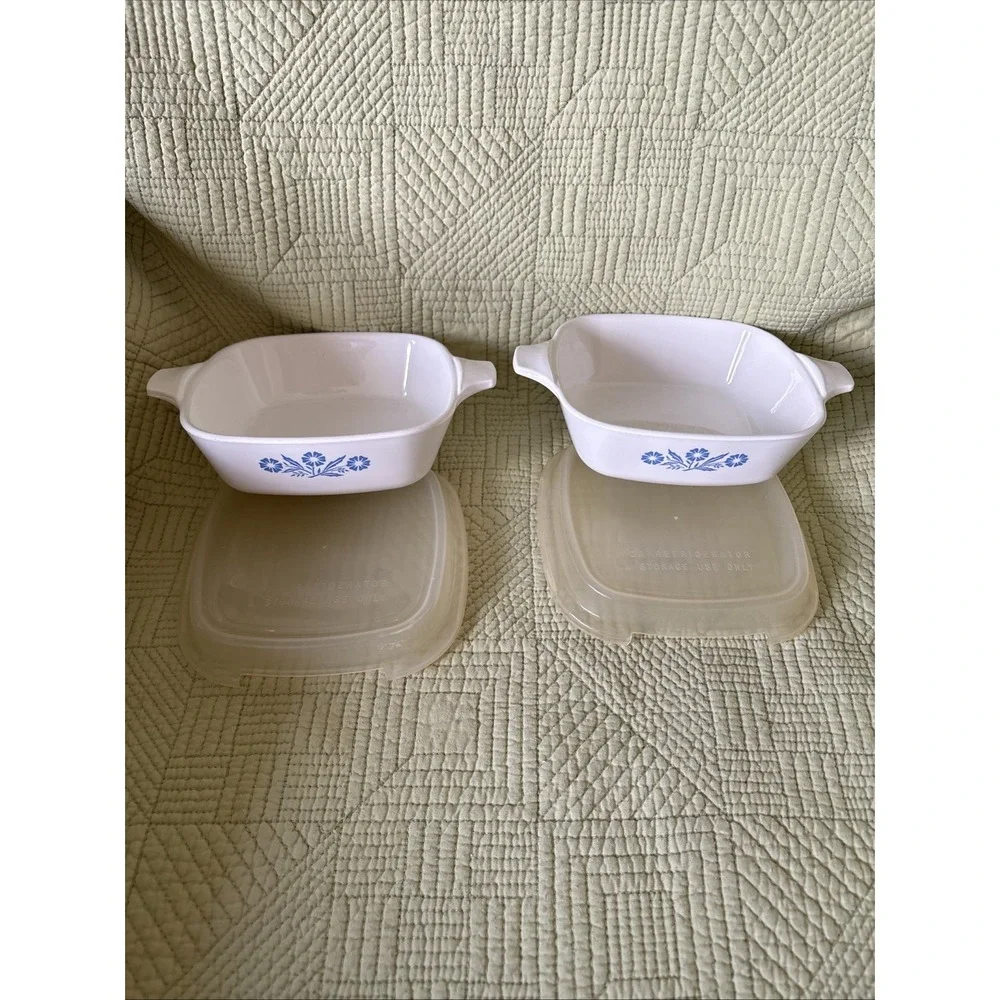 Vintage Corning Ware Blue Cornflower Lot of 2 P-41 Petite Pan w/Plastic Lids